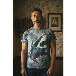 Vintage Y2K The Mountain Great White Shark All Over Print T Shirt Size XL Cotton